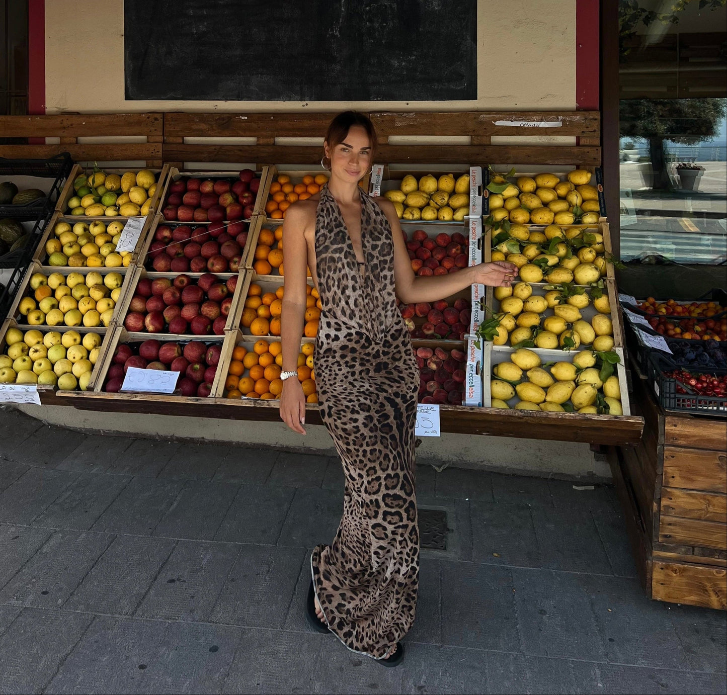 Women's Cocktail Leopard Halter Maxi Dress With Open Back