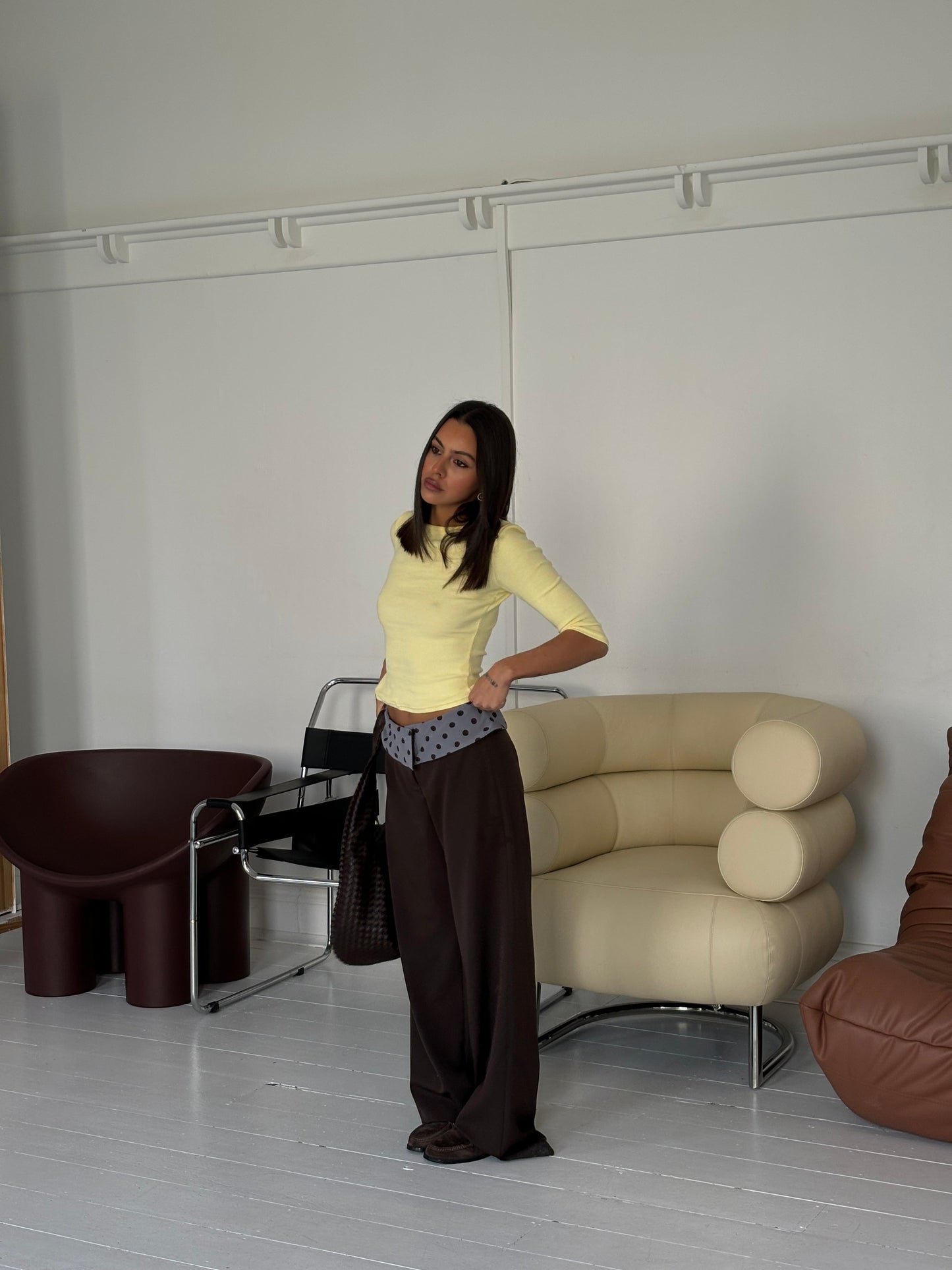 Women's Wide Leg Suit Pants with Polka Dot Waistband