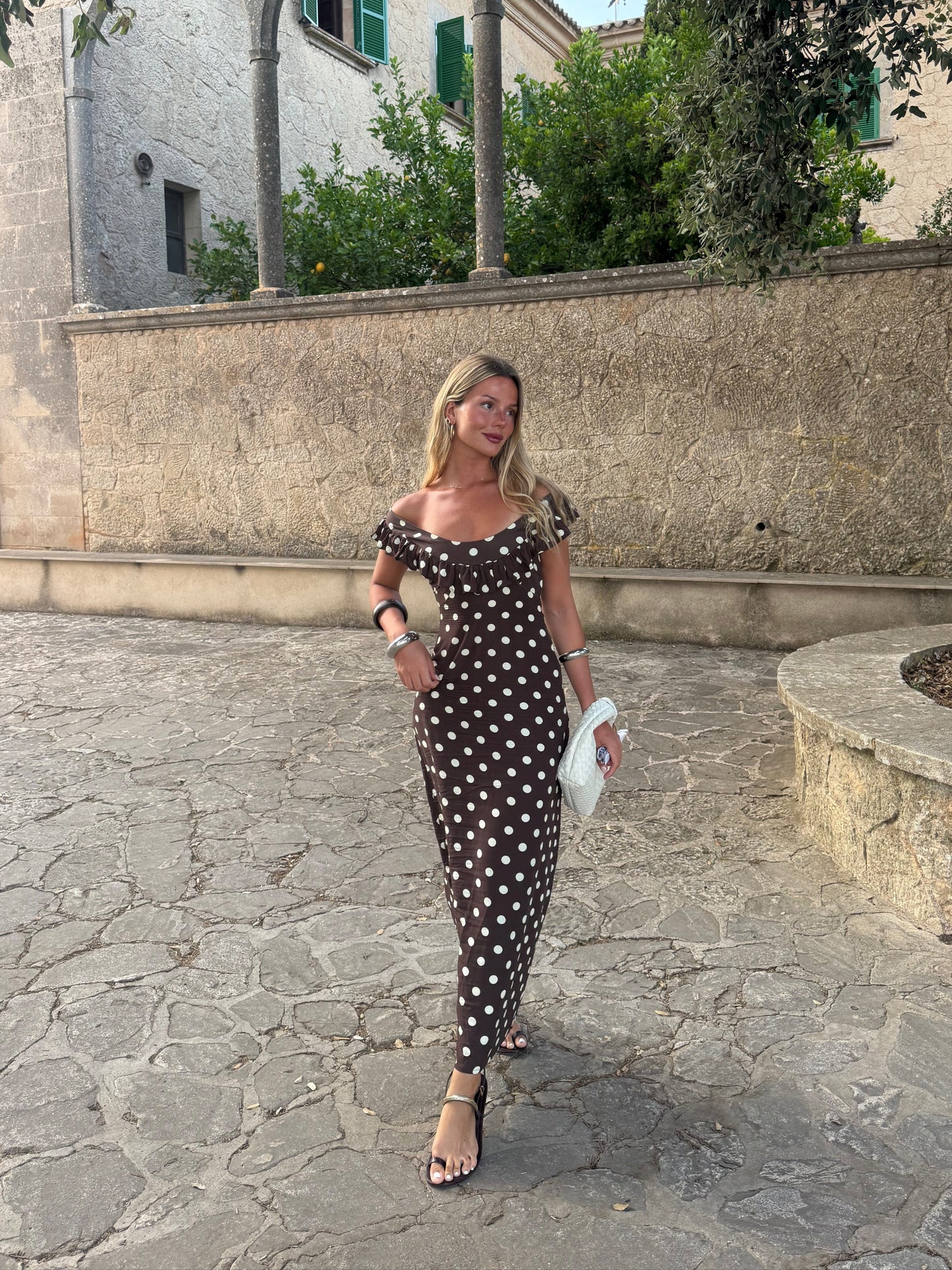 Women's Wedding Guest Polka Dot Scoop Neck Maxi Dress