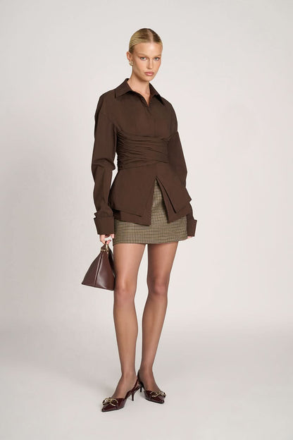 Women's Long Sleeve Ruched Waist Collared Blouse
