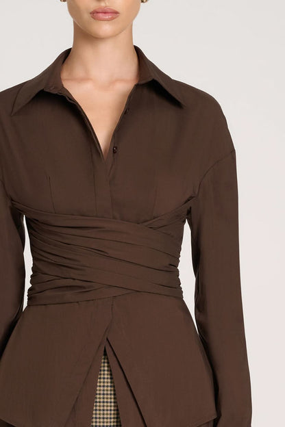 Women's Long Sleeve Ruched Waist Collared Blouse