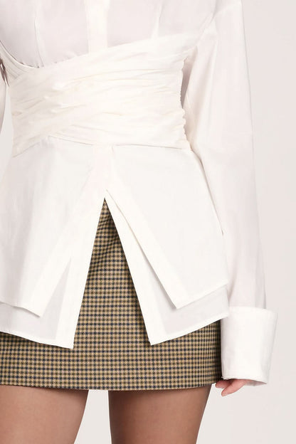 Women's Long Sleeve Ruched Waist Collared Blouse