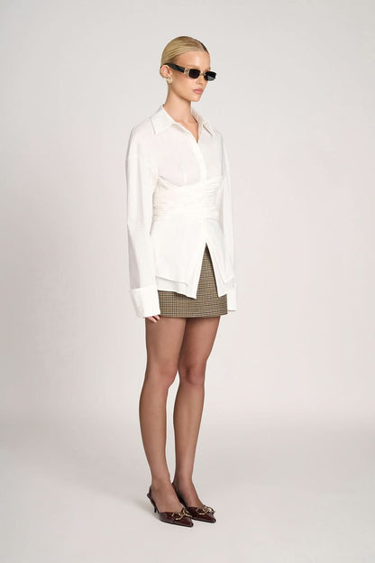 Women's Long Sleeve Ruched Waist Collared Blouse