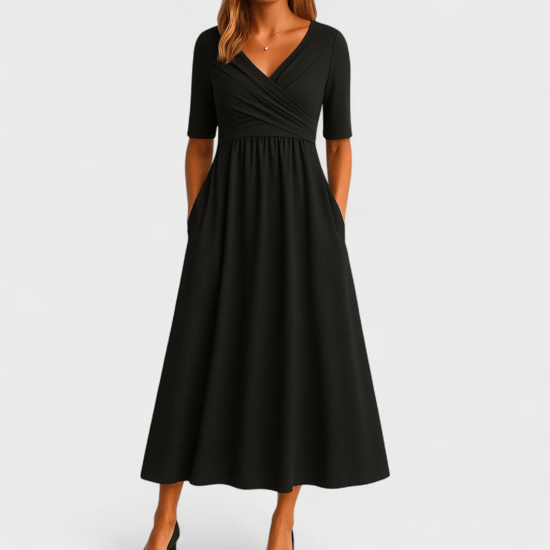 Women's Wedding Guest V Neck Elbow Sleeve Midi Dress