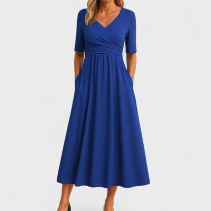 Women's Wedding Guest V Neck Elbow Sleeve Midi Dress