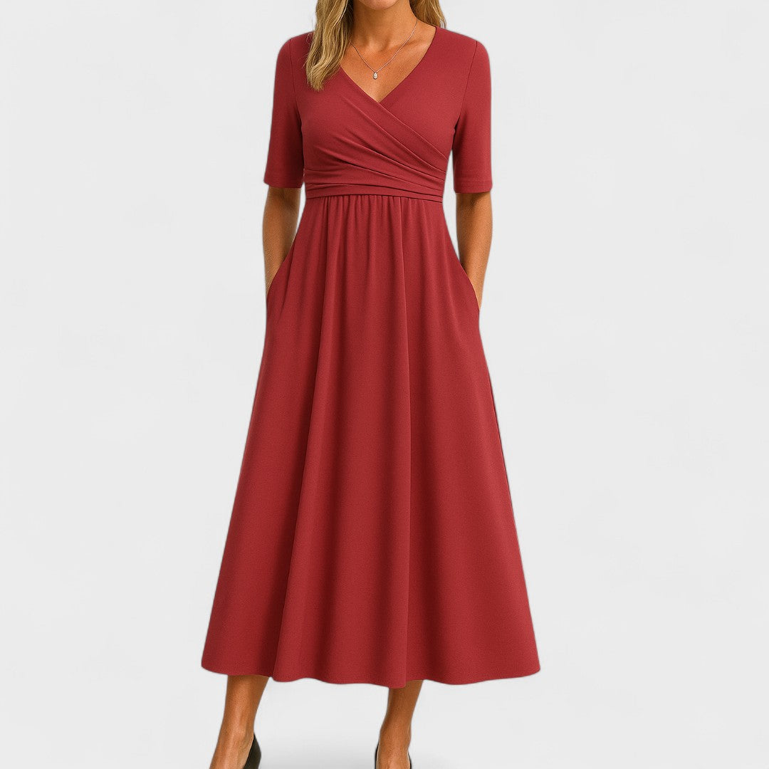 Women's Wedding Guest V Neck Elbow Sleeve Midi Dress