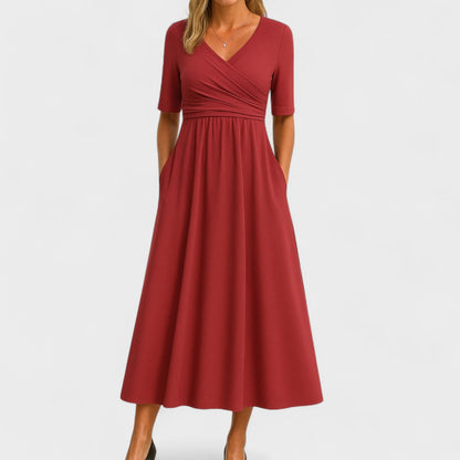 Women's Wedding Guest V Neck Elbow Sleeve Midi Dress