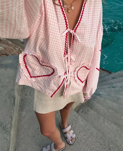 Women's Summer Gingham V Neck Tie Front Blouse