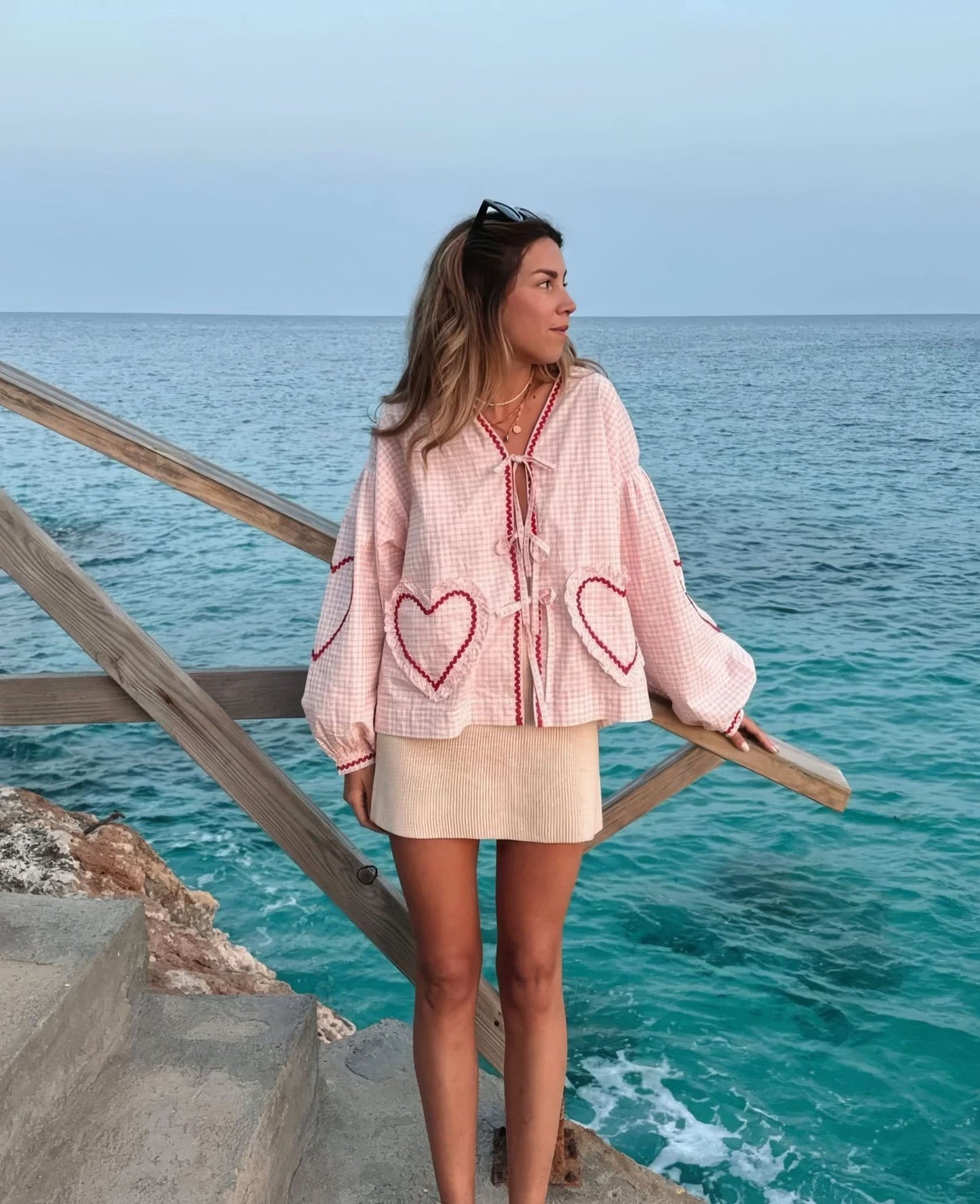 Women's Summer Gingham V Neck Tie Front Blouse
