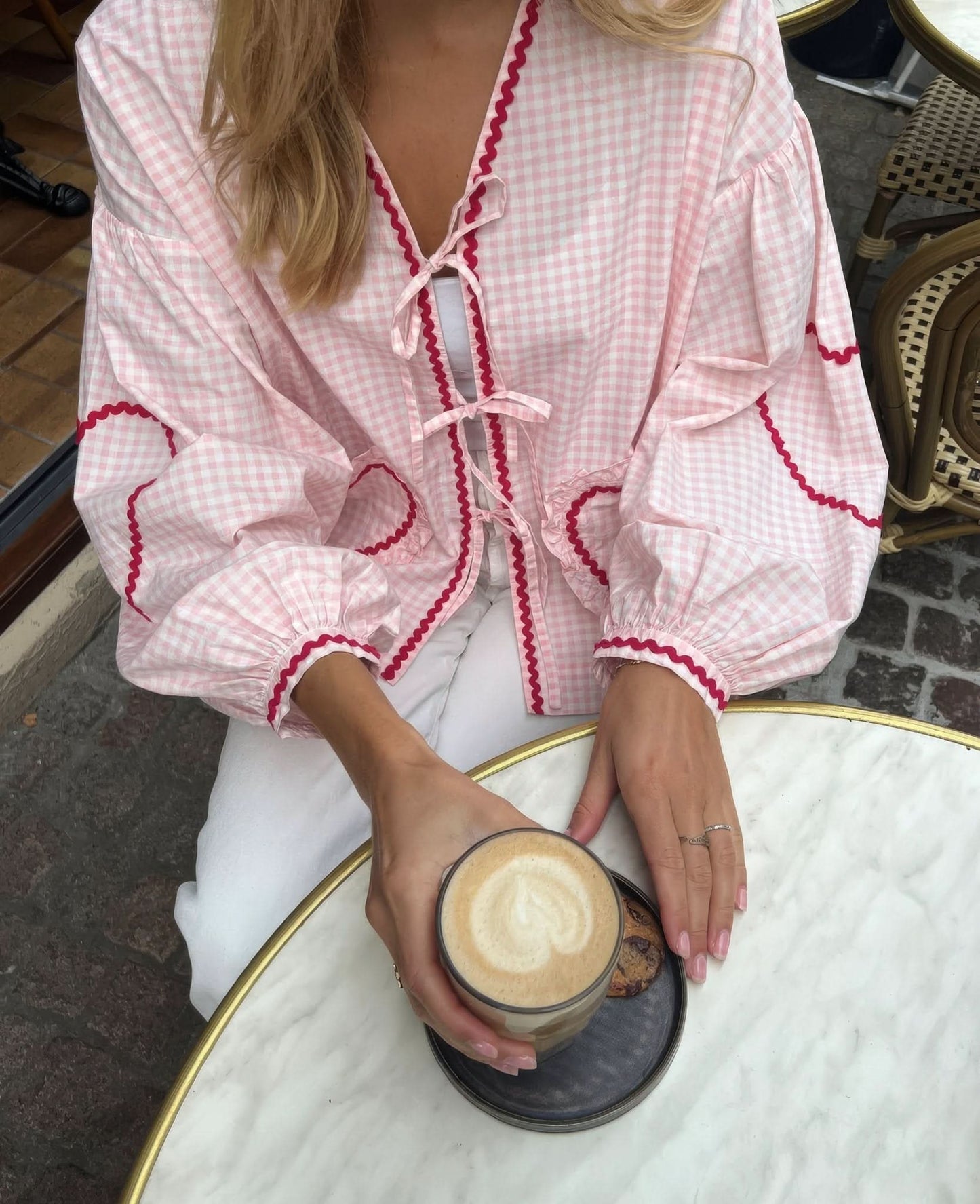 Women's Summer Gingham V Neck Tie Front Blouse