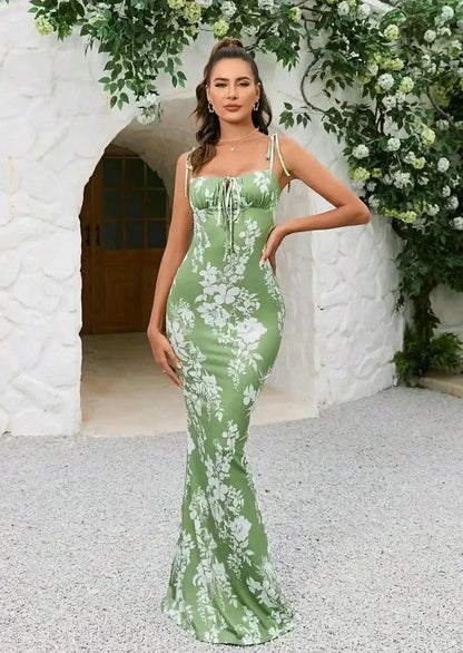 Women's Wedding Guest Floral Square Neck Maxi Dress