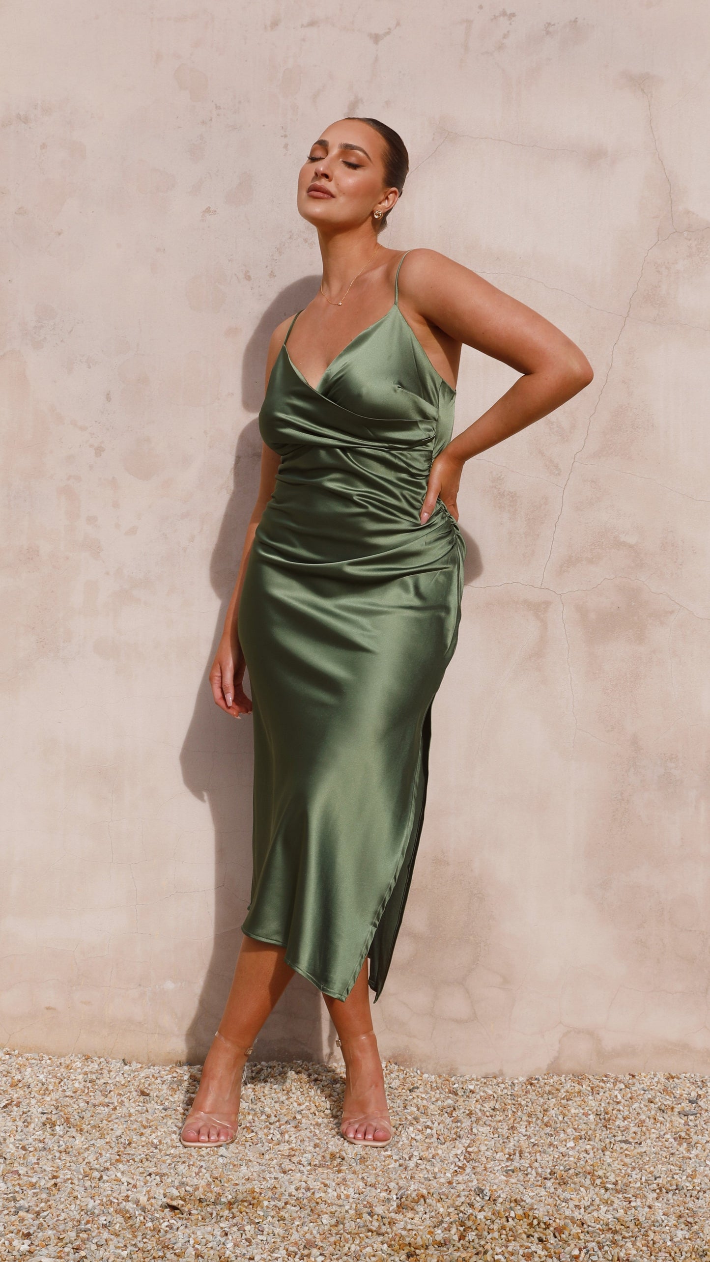 Women's Wedding Guest Satin Cowl Neck Midi Dress