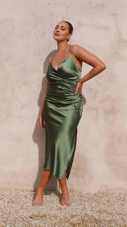 Women's Wedding Guest Satin Cowl Neck Midi Dress
