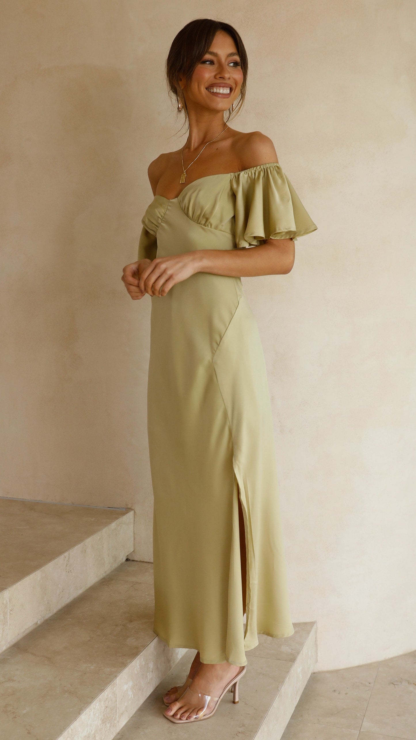 Women's Wedding Guest Off Shoulder Midi Dress With Slit