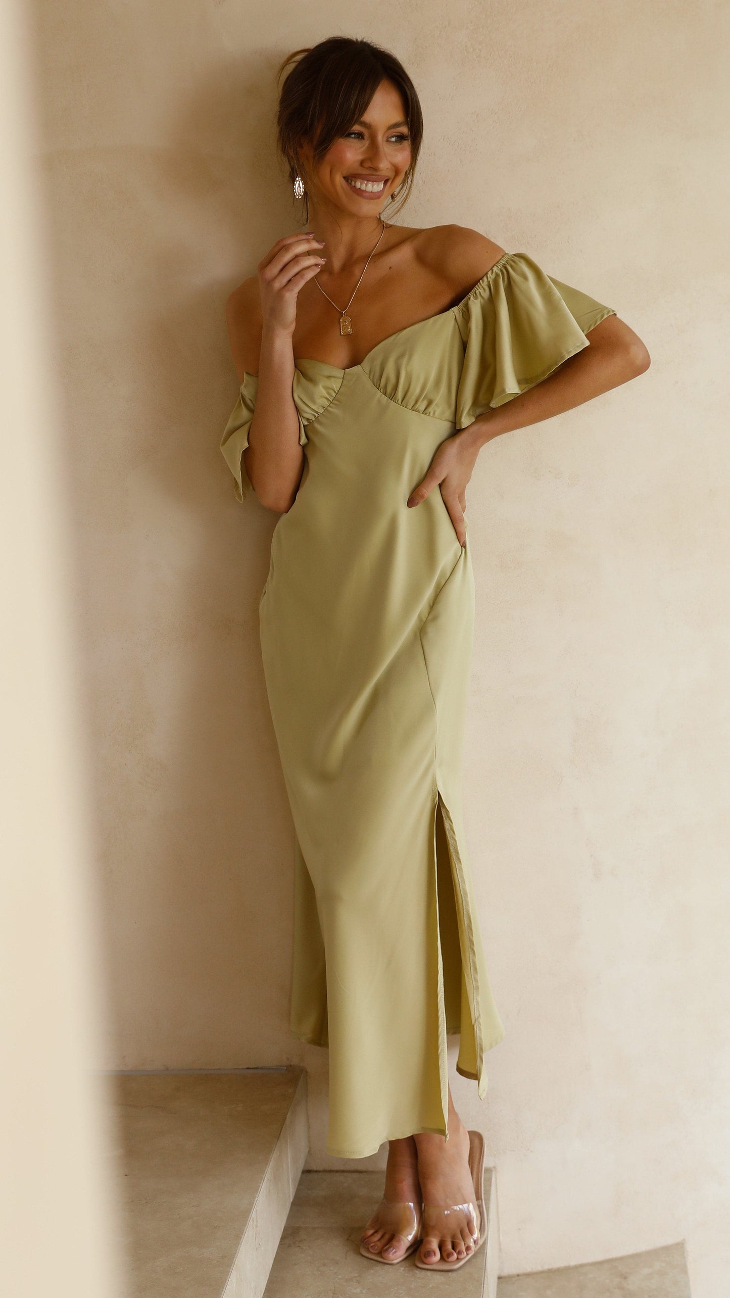 Women's Wedding Guest Off Shoulder Midi Dress With Slit