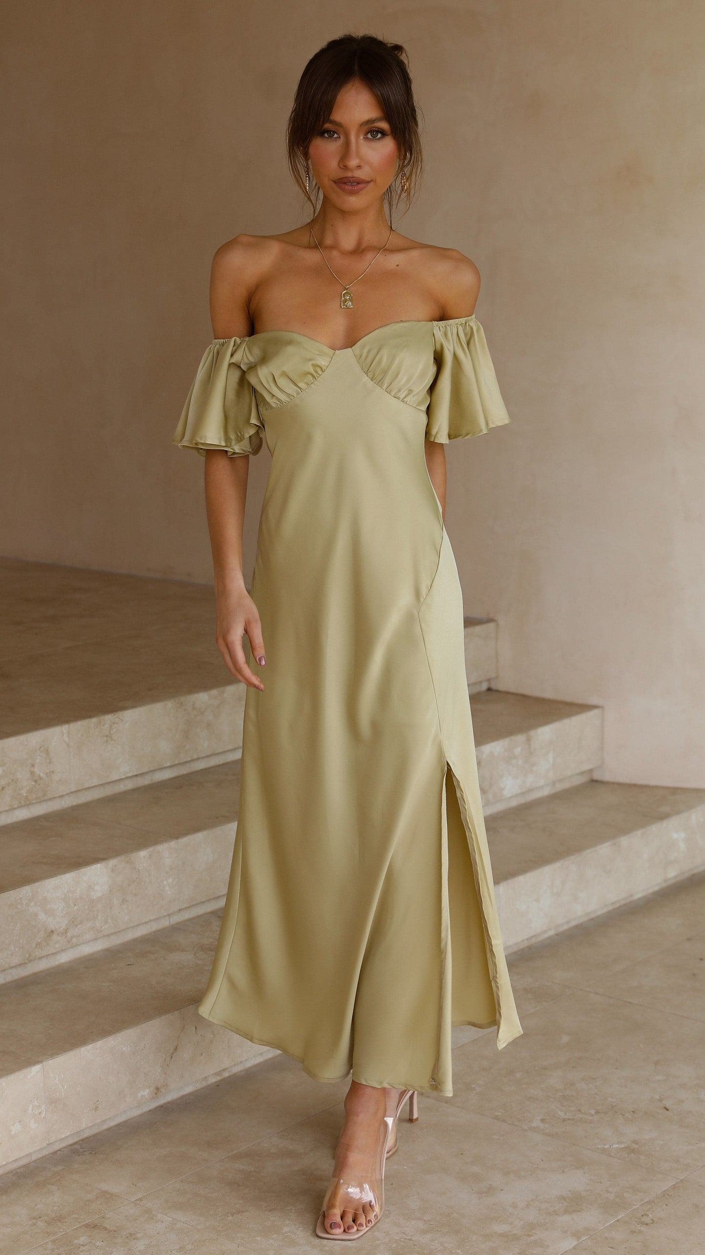 Women's Wedding Guest Off Shoulder Midi Dress With Slit