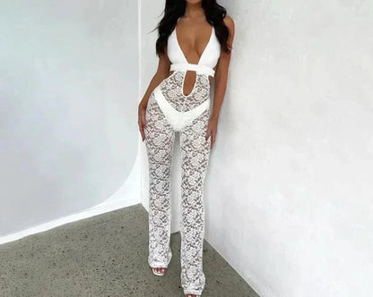 Women's Cocktail Floral Lace Halter V Neck Jumpsuit