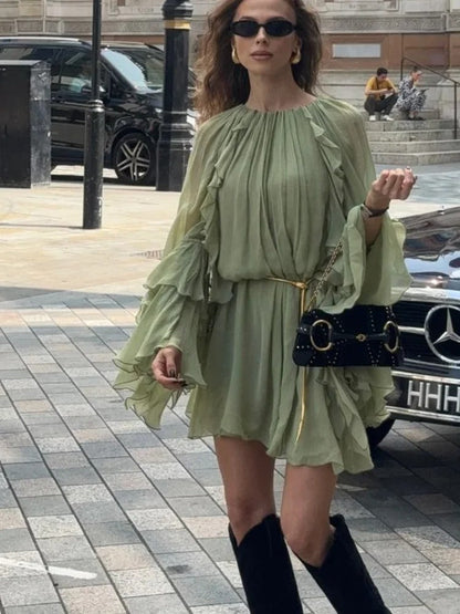 Women's Summer Long Sleeve Ruffle Mini Dress Round Neck