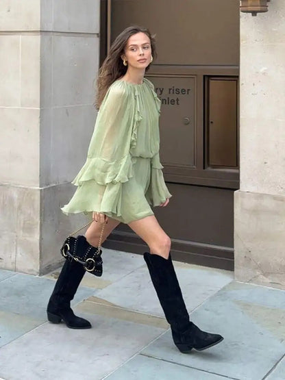Women's Summer Long Sleeve Ruffle Mini Dress Round Neck