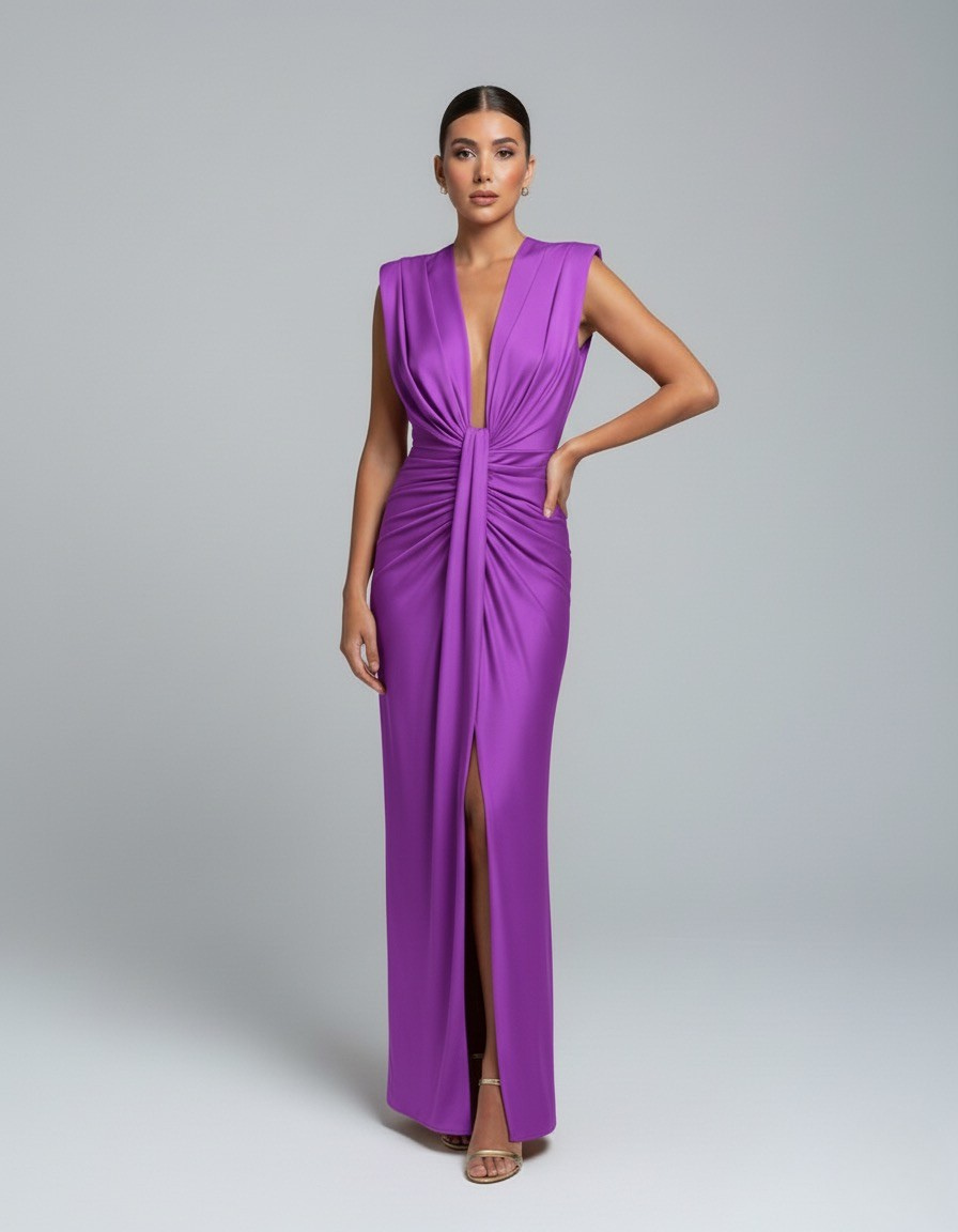 Women's Wedding Guest Sleeveless Plunging Maxi Dress