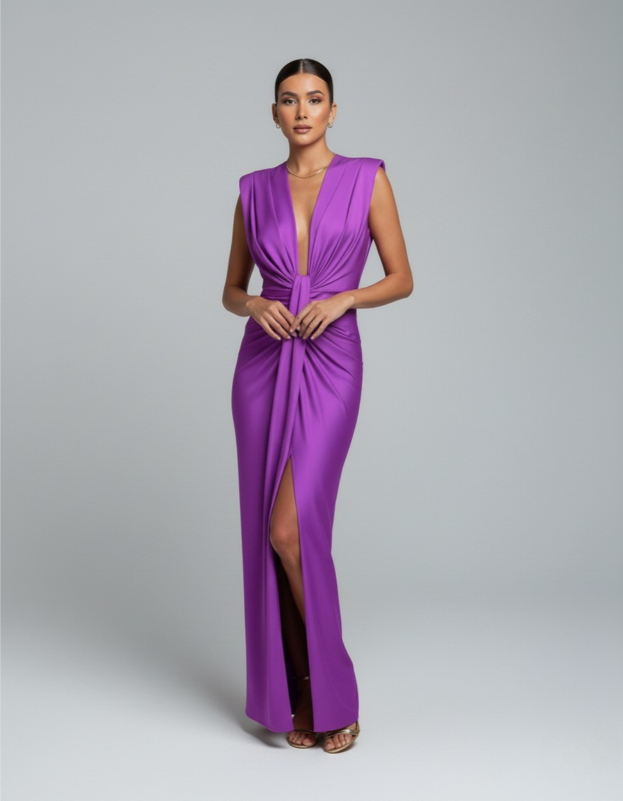 Women's Wedding Guest Sleeveless Plunging Maxi Dress