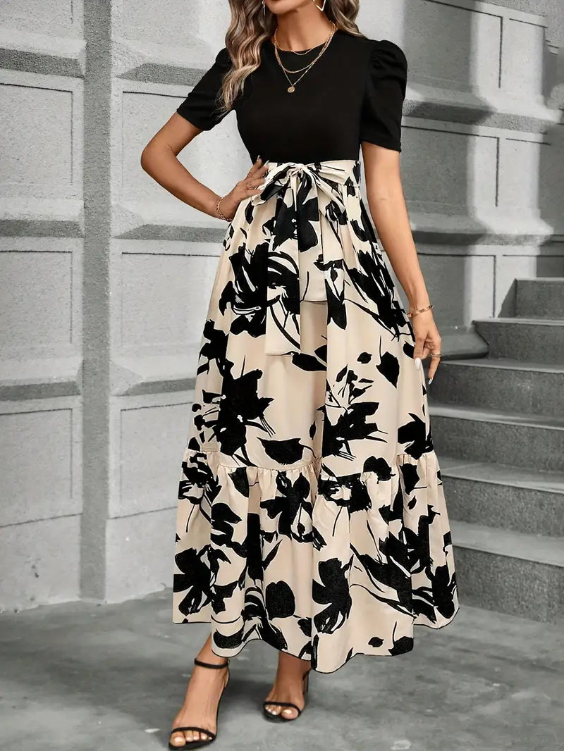 Women's Wedding Guest Floral Round Neck Maxi Dress