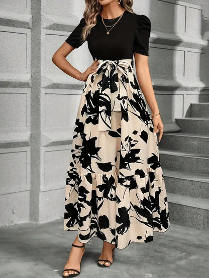 Women's Wedding Guest Floral Round Neck Maxi Dress