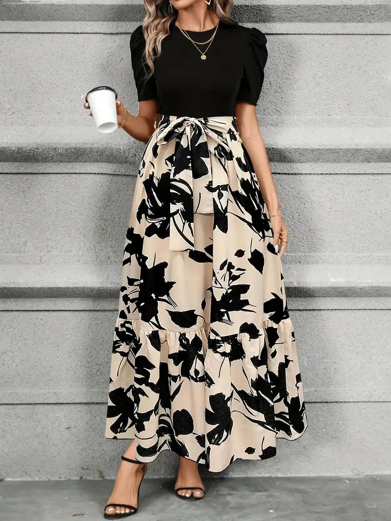 Women's Wedding Guest Floral Round Neck Maxi Dress