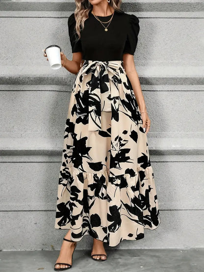 Women's Wedding Guest Floral Round Neck Maxi Dress