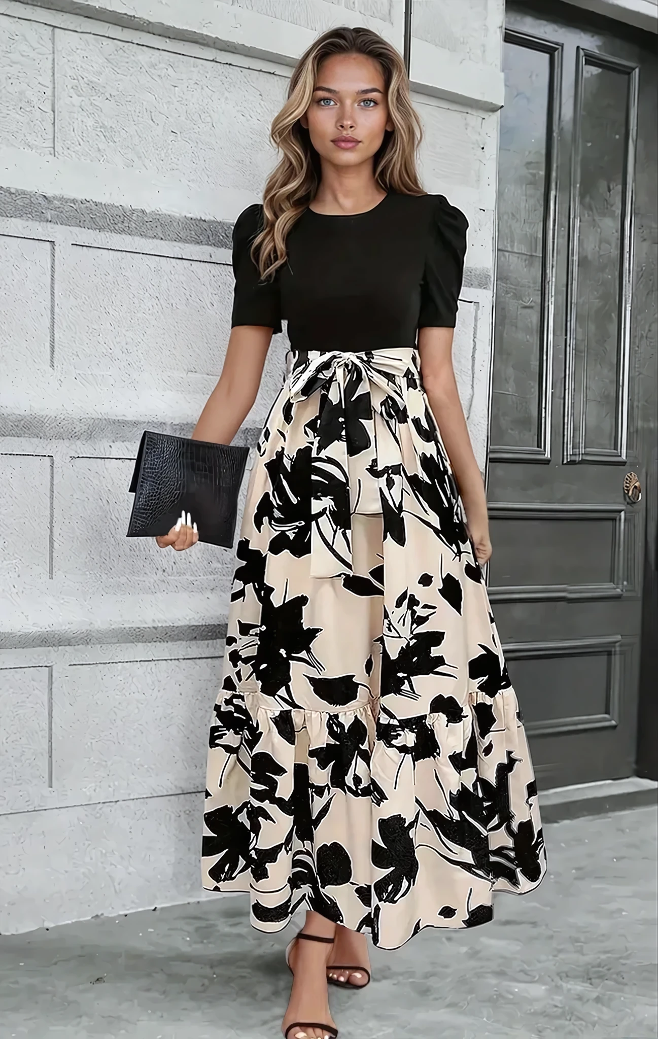 Women's Wedding Guest Floral Round Neck Maxi Dress