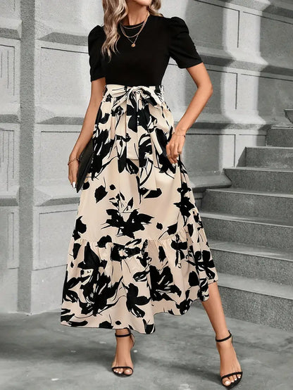 Women's Wedding Guest Floral Round Neck Maxi Dress