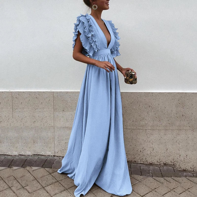Women's Wedding Guest Plunging V Neck Maxi Dress