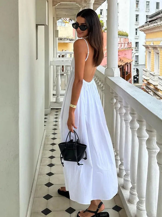 Women's Summer Low Back V Neck Maxi Dress Sleeveless