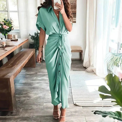 Women's Wedding Guest Collared V Neck Midi Dress