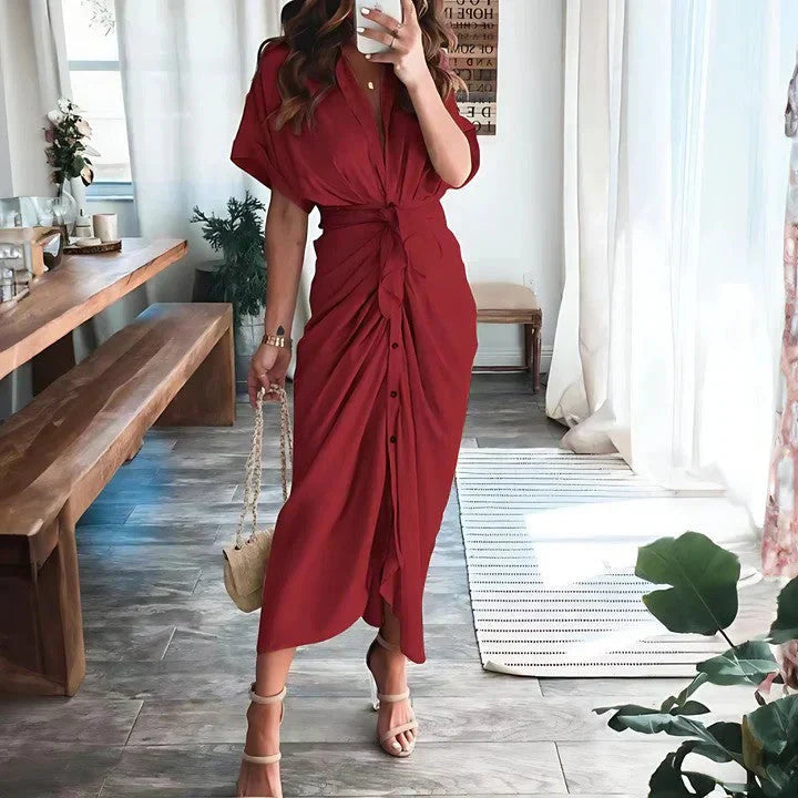 Women's Wedding Guest Collared V Neck Midi Dress