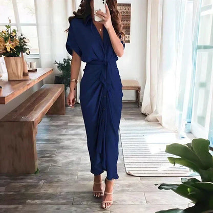Women's Wedding Guest Collared V Neck Midi Dress