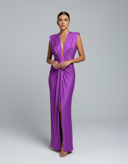 Women's Wedding Guest Sleeveless Plunging Maxi Dress