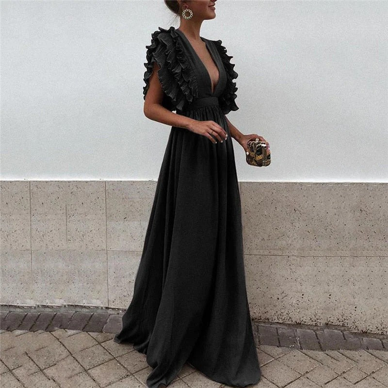 Women's Wedding Guest Plunging V Neck Maxi Dress