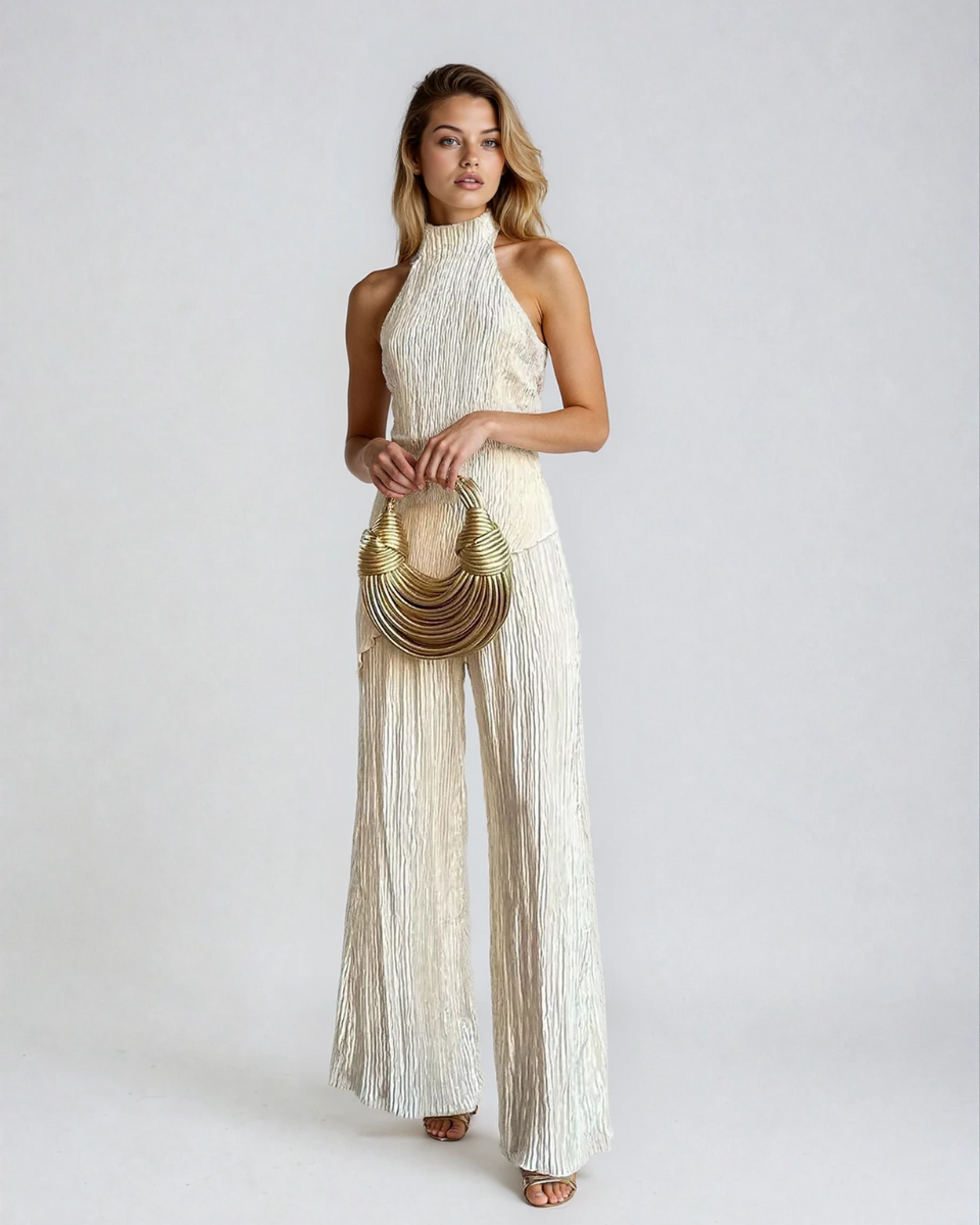 Women's Cocktail Pleated Halter Neck Two Piece Pants Set