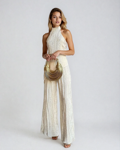 Women's Cocktail Pleated Halter Neck Two Piece Pants Set