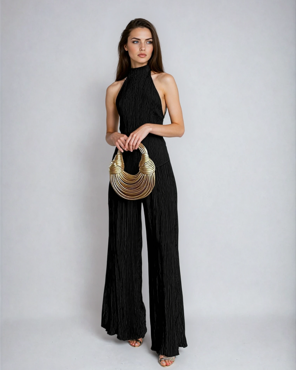 Women's Cocktail Pleated Halter Neck Two Piece Pants Set