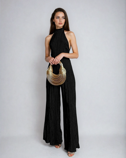 Women's Cocktail Pleated Halter Neck Two Piece Pants Set