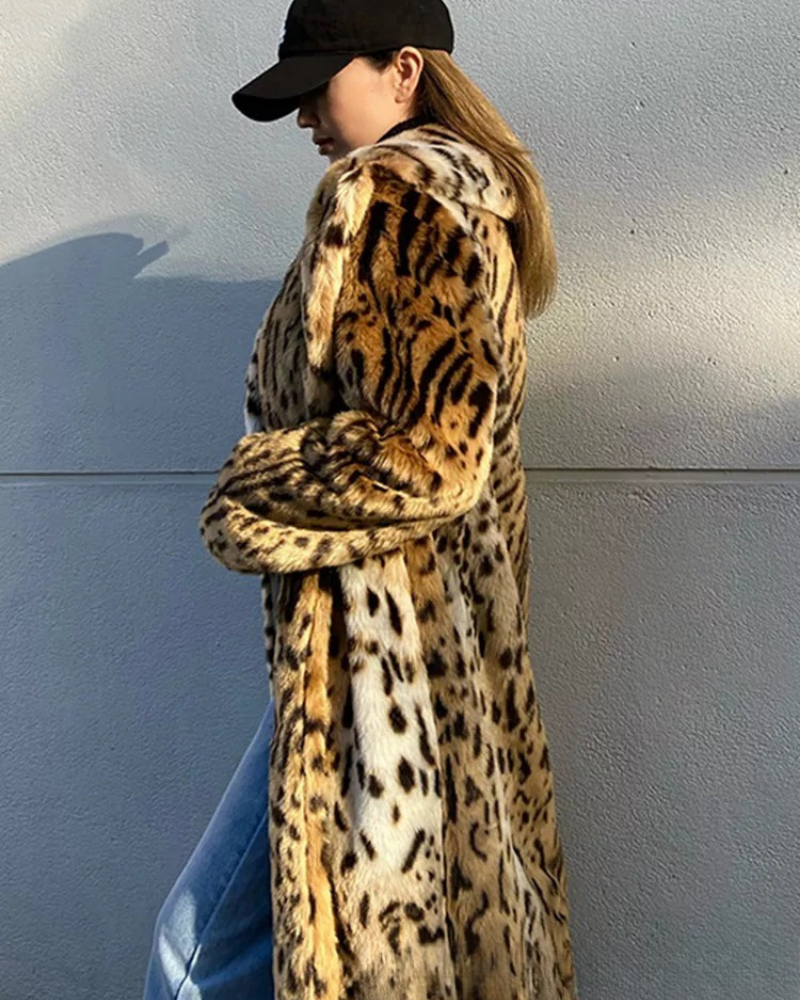 Zima – Luksusowy Sztuczny Futro – Długi Płaszcz w Panterkę