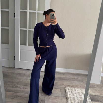Women's Ribbed Knit Lounge Set Long Sleeve Top and Pants