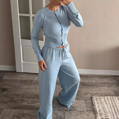 Women's Ribbed Knit Lounge Set Long Sleeve Top and Pants