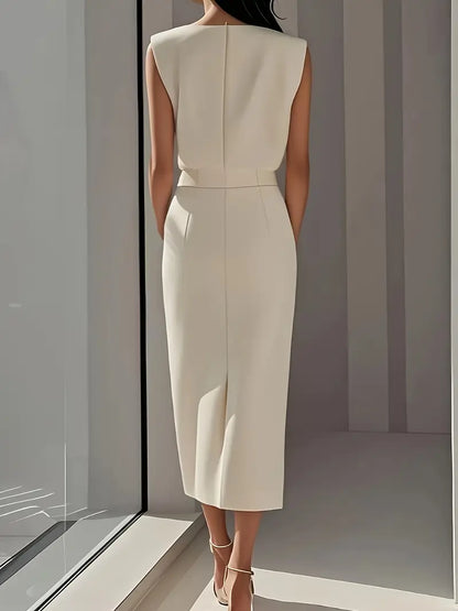 Women's Cocktail Sleeveless Button Detail Midi Dress