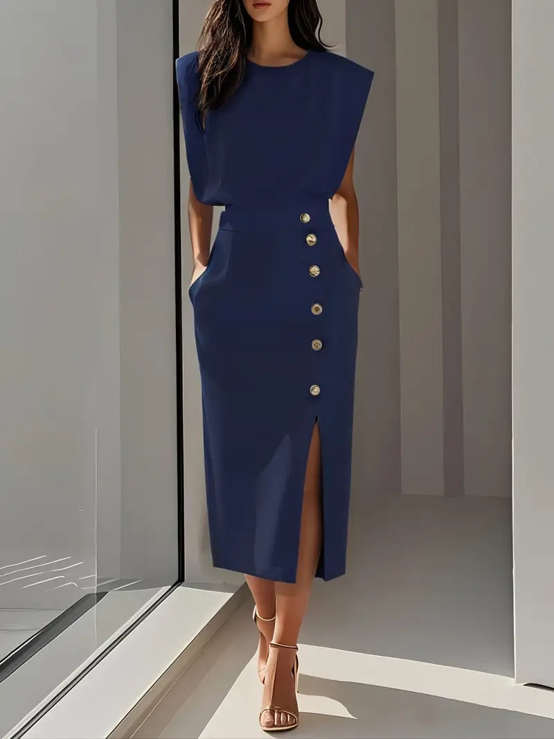 Women's Cocktail Sleeveless Button Detail Midi Dress