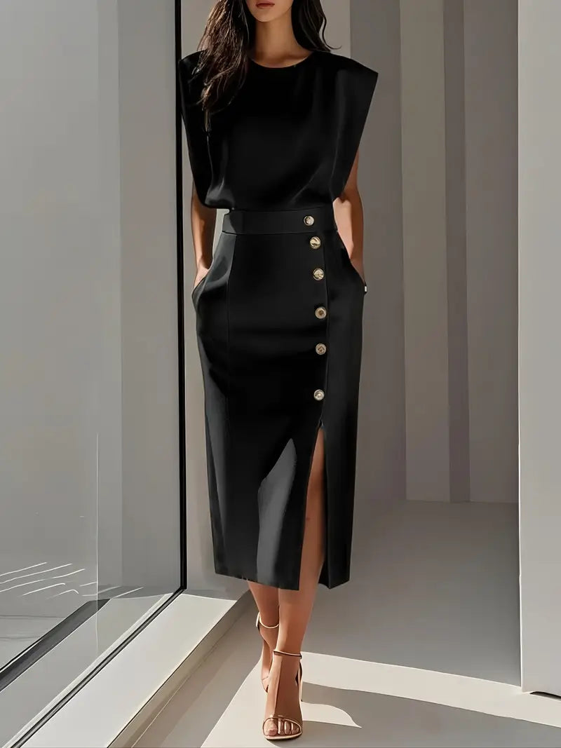 Women's Cocktail Sleeveless Button Detail Midi Dress