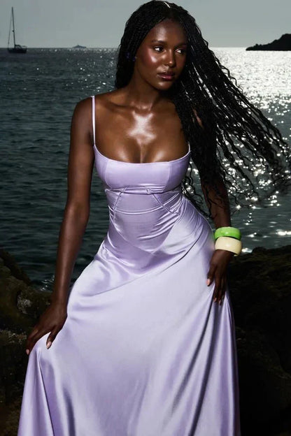 Women's Prom Satin Square Neck Maxi Dress