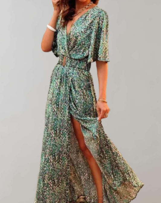 Women's Wedding Guest Printed V Neck Maxi Dress With Slit